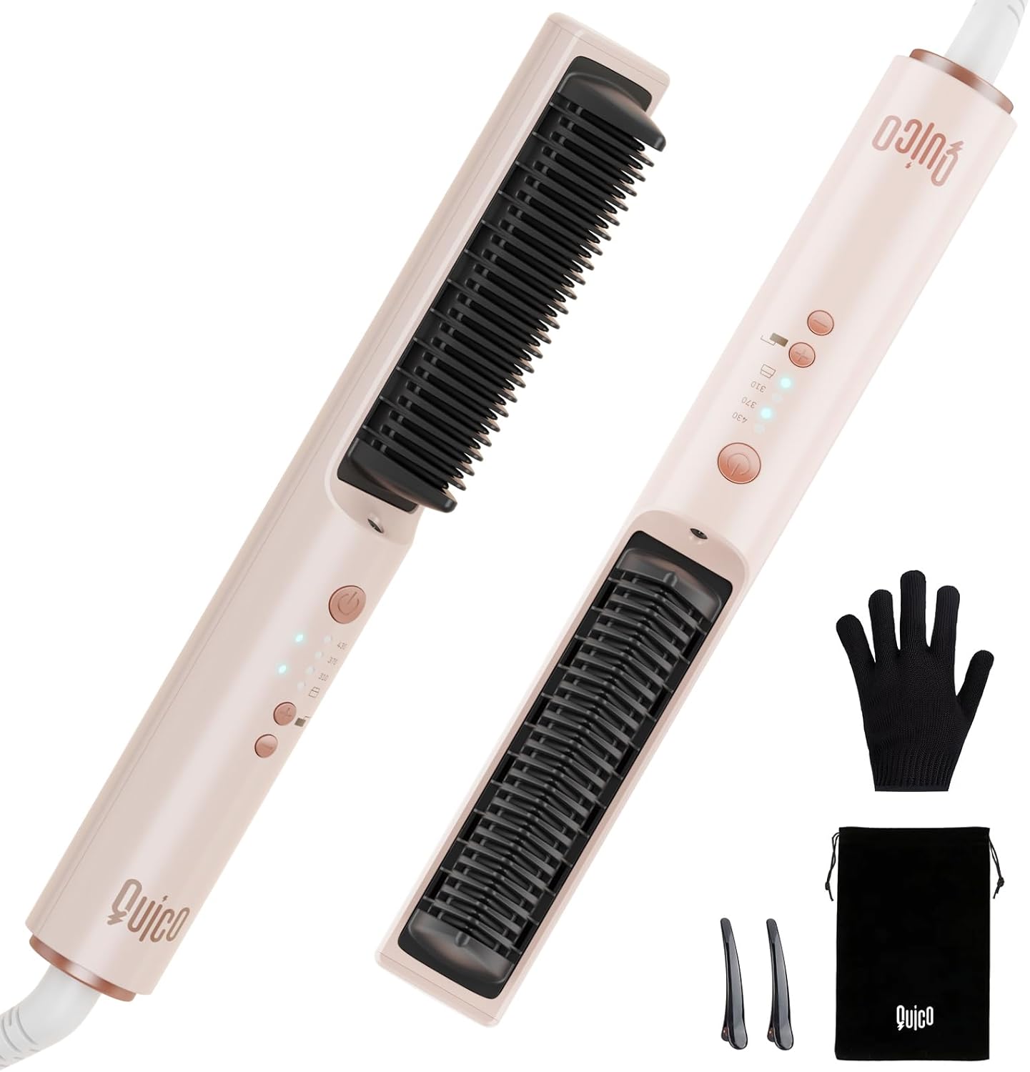 Quico Hair Straightener Brush, 100-240V Dual Voltage Ionic Straightener Brush for Women, Ceramic Travel Hair Straightener Comb, Electric Hot Comb Flat Iron, Auto Temp Lock & Auto-Off Function, Pink