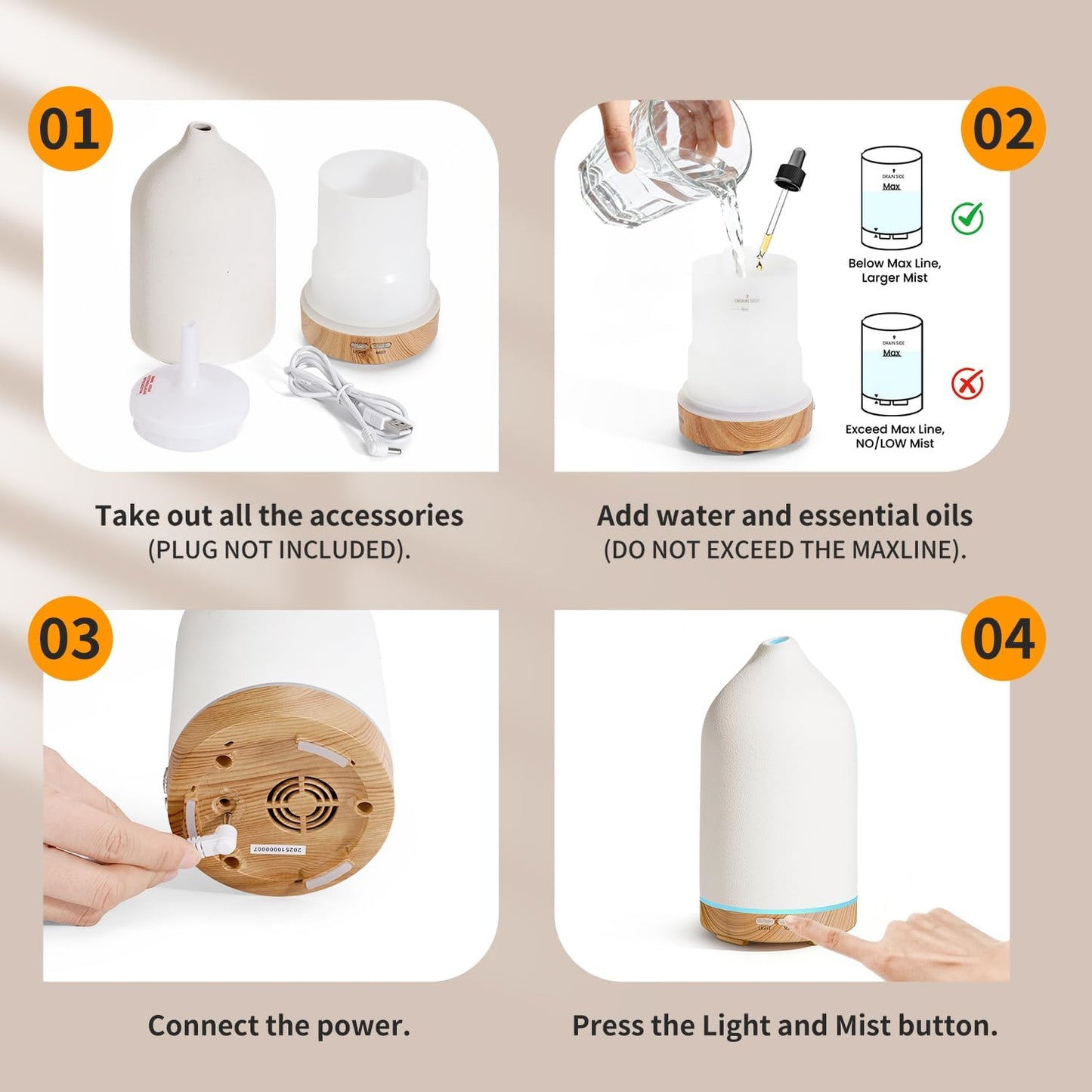 URPOWER 120ML Ceramic Essential Oil Diffuser Ultrasonic Aromatherapy Diffuser with Wood Grain Base, 7-Color LED Lights Auto Shut-Off, Humidifier for Home & Office, Air Diffuser for Relaxation