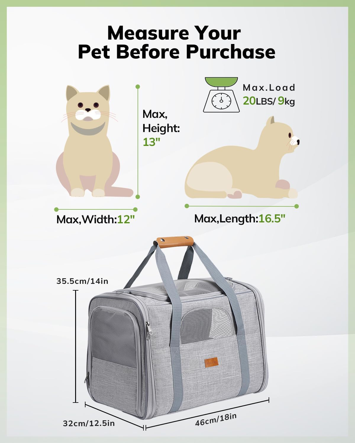 Morpilot Pet Travel Carrier Bag, Soft-Sided Dog Carrier Cat Carrier Pet Carrier, for Large Cats and Medium Puppies up to 25lbs, w/Locking Safety Zippers, Foldable Bowl (Light Gray)