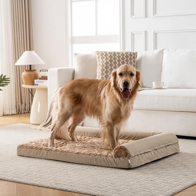 Orthopedic Dog Bed, L-Shaped Brown Plush Sofa with Bolster, Memory Foam Pet Bed, Machine Washable Cover, for Small Dog Sizes 35" L x 25" W x 6.5" H