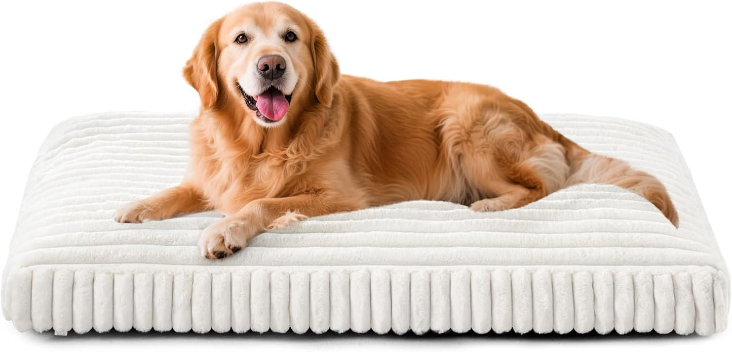Dog Beds Large Sized Dog, Flat Pet Beds with Removable Washable Cover, Pet Mat Cute Pet Crate Bed Thick Shredded Chopped Crate Foam & Anti Slip Bottom for Indoor, 35"x23"x4" Cream