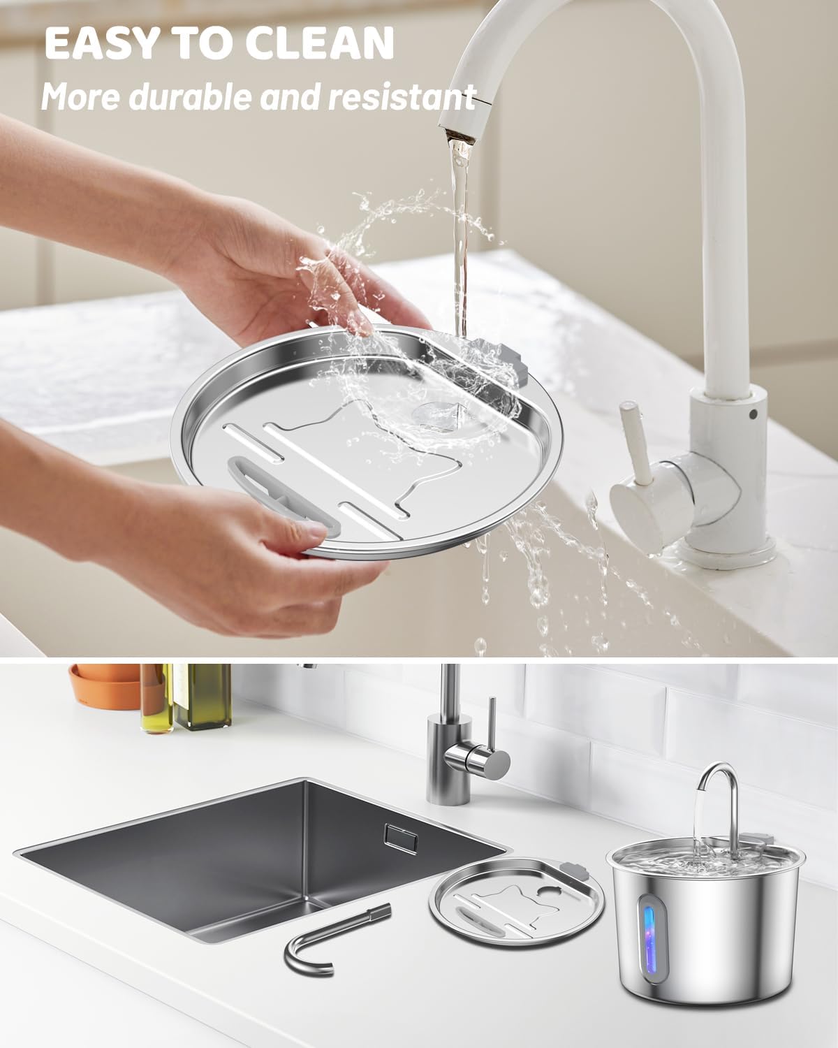Cat Water Fountain 304 Stainless Steel 2.2L/74oz with 3 Filters & 3 Sponges, Easy to Clean, Automatic Pet Fountain Quiet Cats Water Dispenser, Gifts for Cats, Dogs