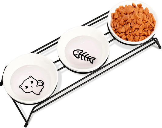 Anti-Vomiting Raised Cat Bowls - 3 × 13 oz Ceramic Food & Water Bowls with Non-Slip Stainless Steel Stand, Dishwasher Safe for Indoor Cats & Puppy