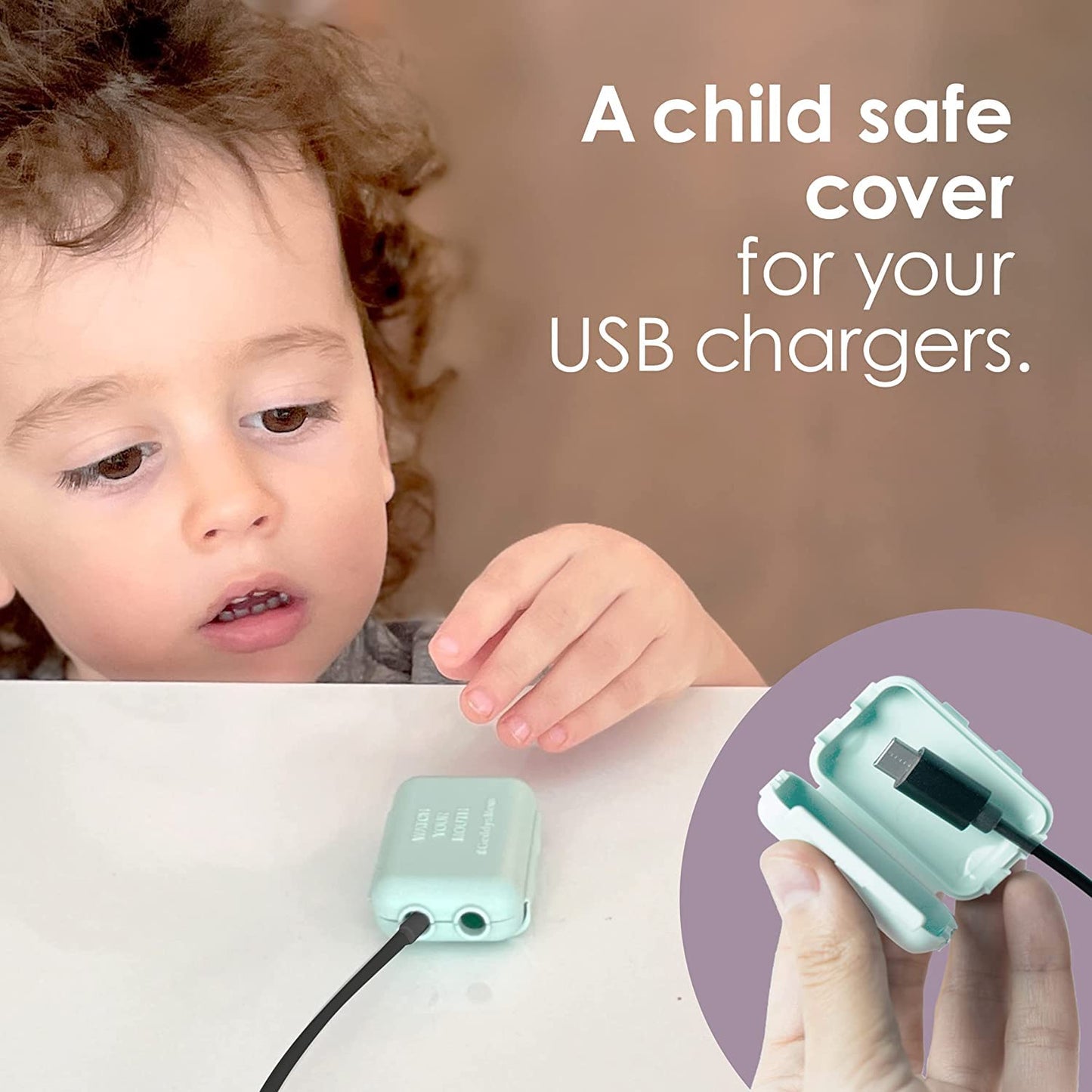 Baby Proof USB Charger Cover – Child-Resistant Cord Tip Enclosure for Standard USB Charging Cables – (6 Pack, White)