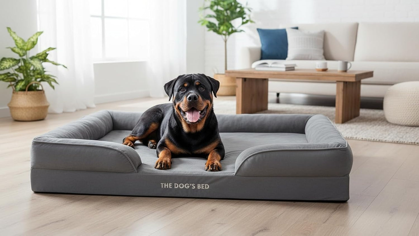 The Dog’s Bed Standard Support Dog Bed with Bolsters, Egg Crate Foam Mattress, Removable Waterproof Liner, Washable Cover with Sewn-in Bolsters, Non-Slip Base – XXL, Silver Grey Plush