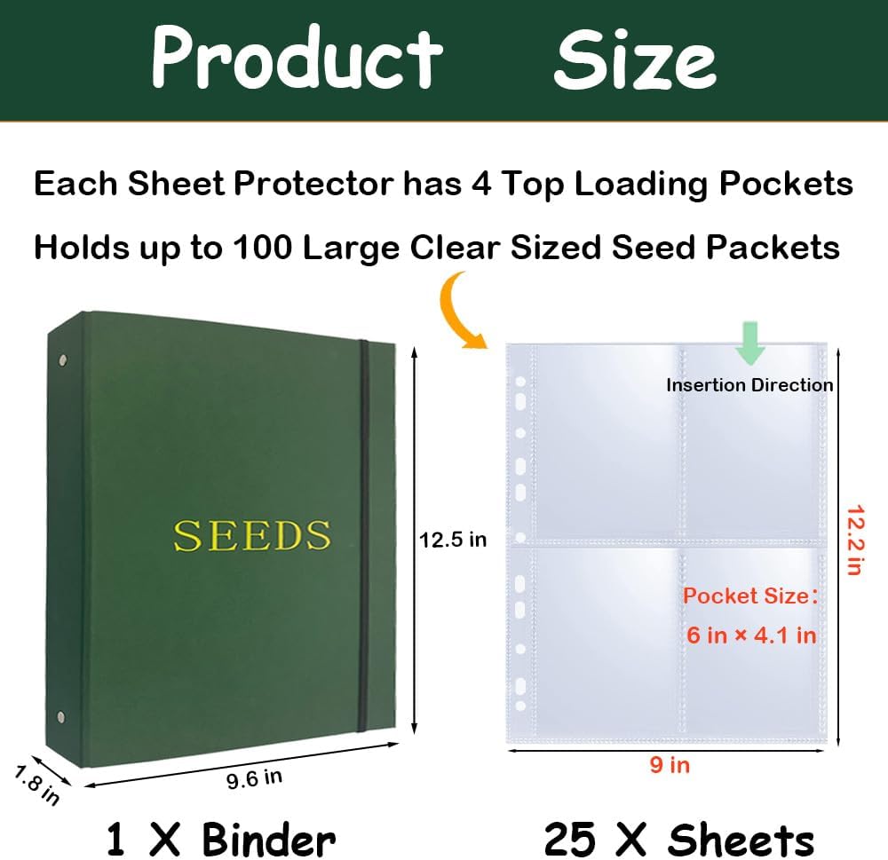 Seed Storage Organizer Binder,4 Ring Seed Packet Organizer with 100 Pockets(25 Pack Clear Sheet Protectors), Garden Seed Holder Book for Envelopes, Seed Saving Keeper, Green