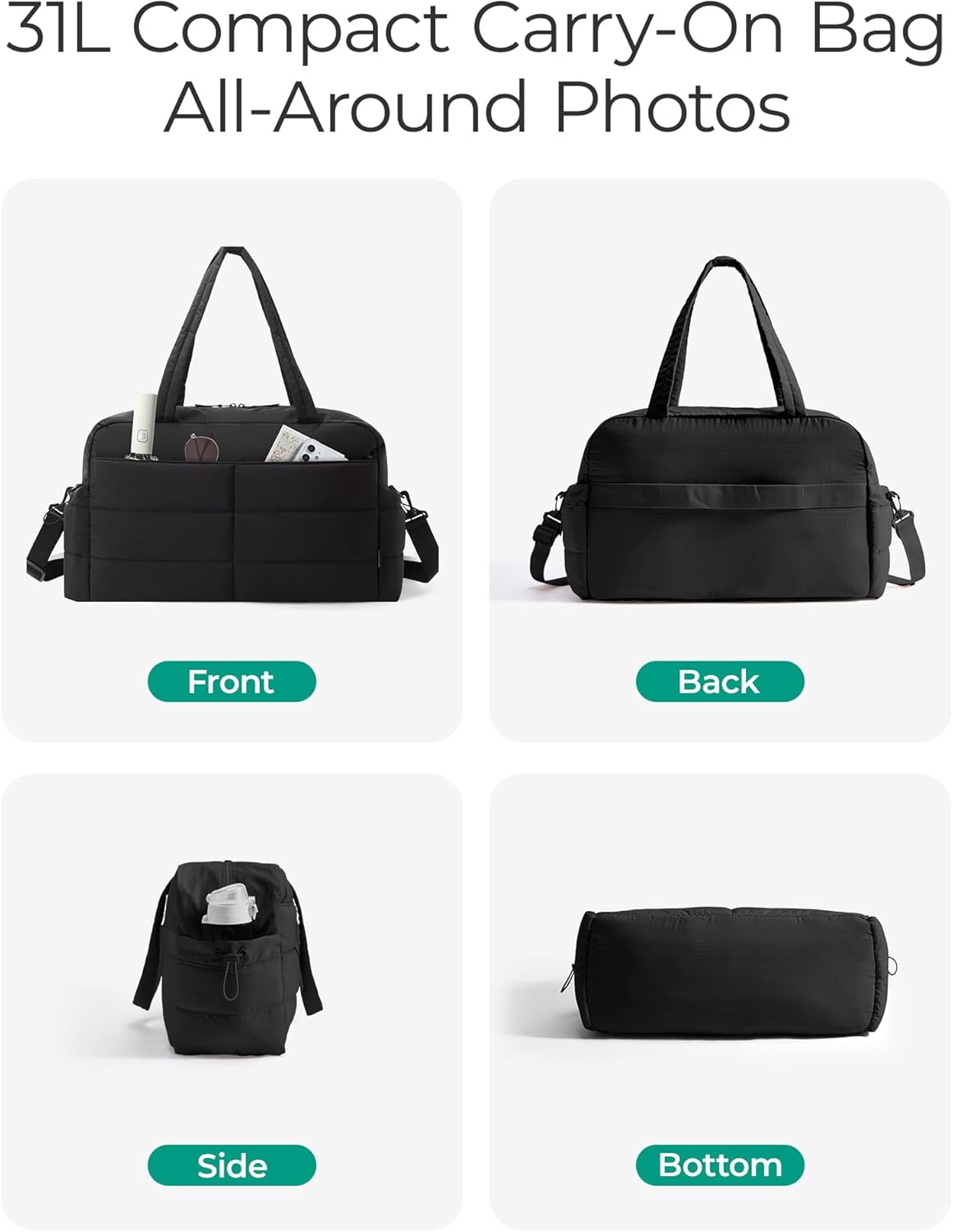 BAGSMART Gym Bag for Women, Lightweight Puffer Duffle Bag 2-PC Travel Bag, 31L Weekender Overnight Bag Quilted Carry On Tote Bag, Diaper Hospital Dance bag for Travel, Gym, Water Resistant, Black