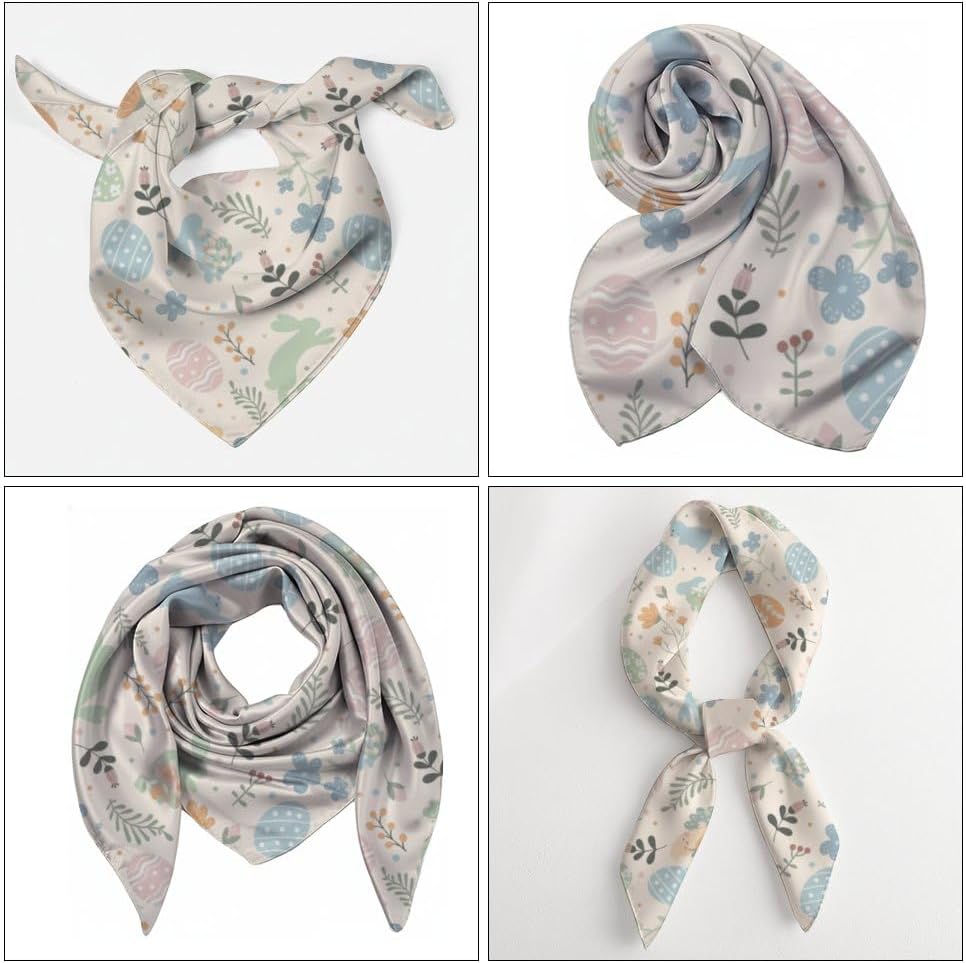 Silk Like Stain Hair Scarf for Women Easter Eggs Bunny Western Square Neck Scarfs for Bag Hair Handbag Scarves 35"