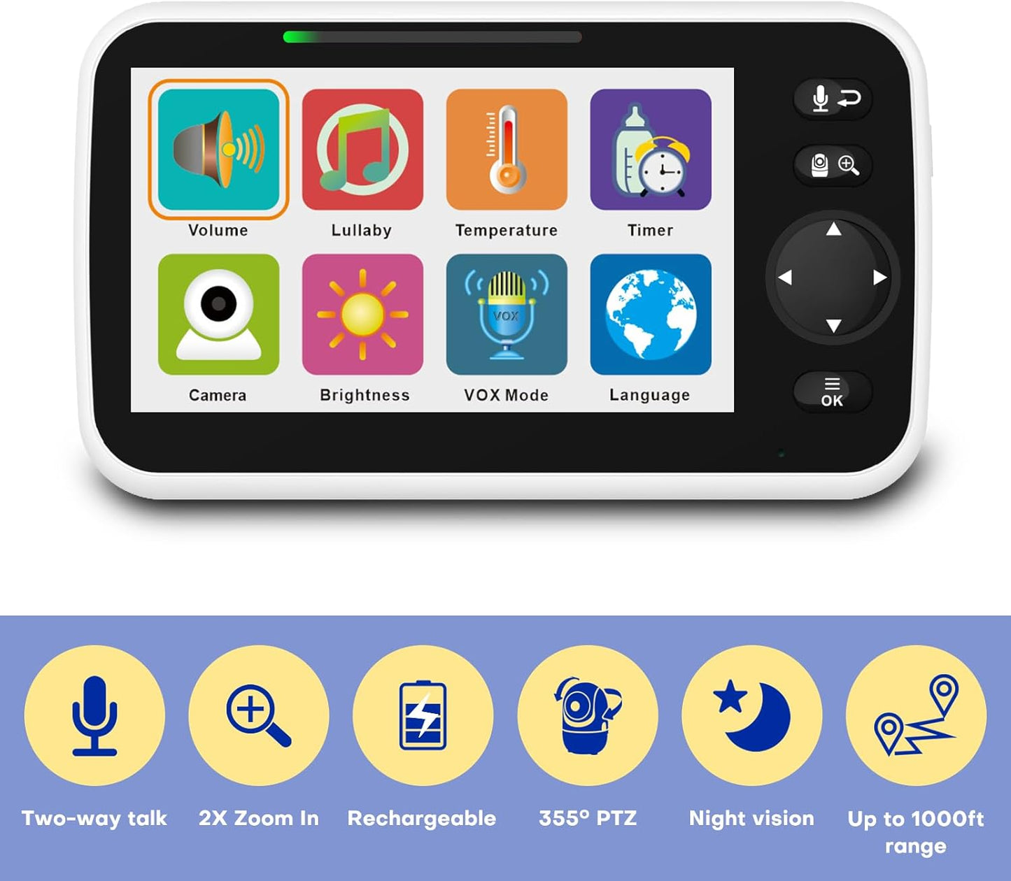 Baby Monitor with Camera and Audio, 5'' Screen Baby Monitors No WiFi, 30-Hour Battery, Remote Pan-Tilt-Zoom Video Baby Monitor, Night Vision,VOX,2-Way Talk, Temperature, 8 Lullabies and 1000ft Range