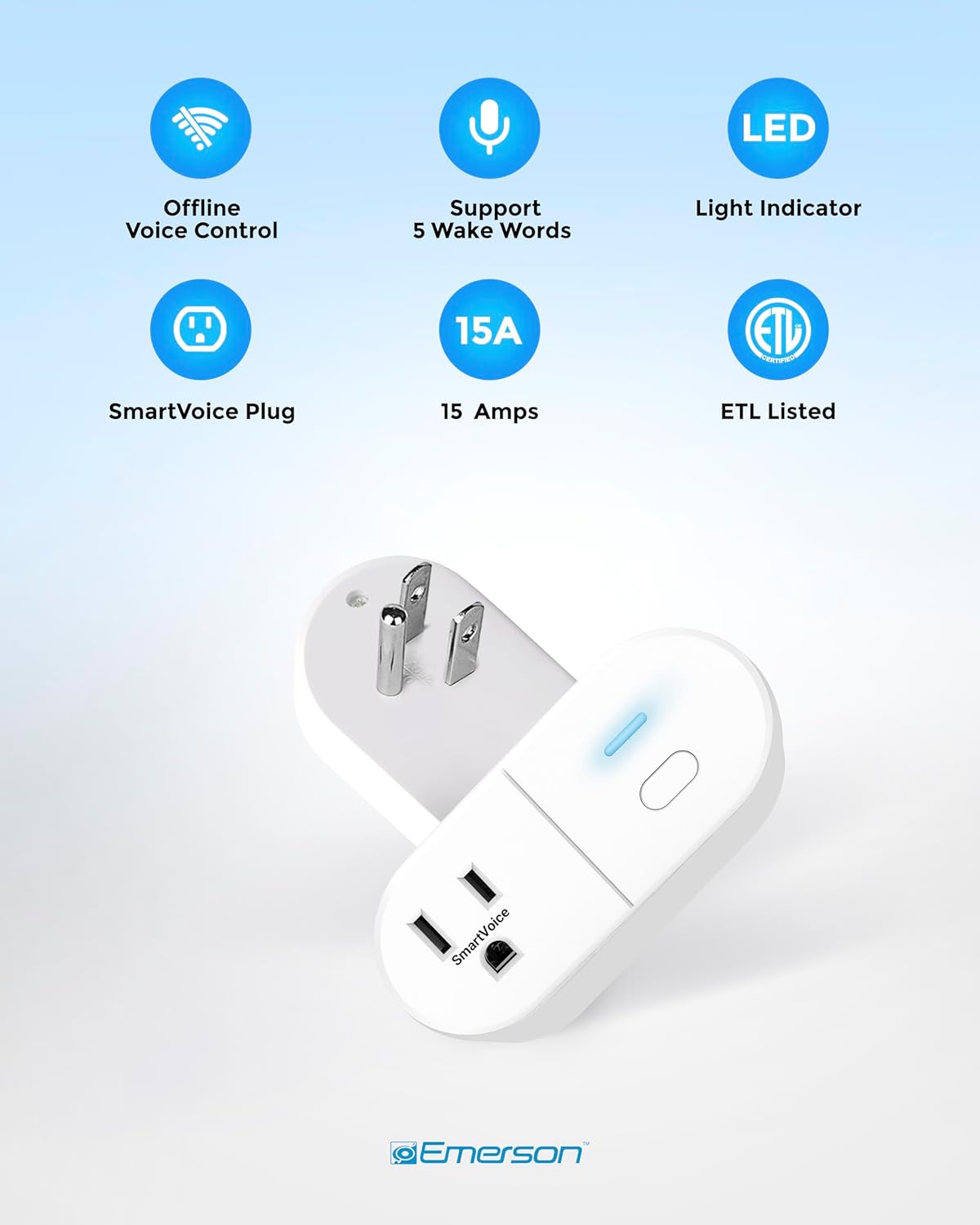 Emerson SmartVoice ES513 Wall Plug, Offline 30+ Voice Control Commands - No APP, No WiFi, No Setup, Smart Outlet Extender for Home and Office, Sleep & Wake Timer, ETL Listed