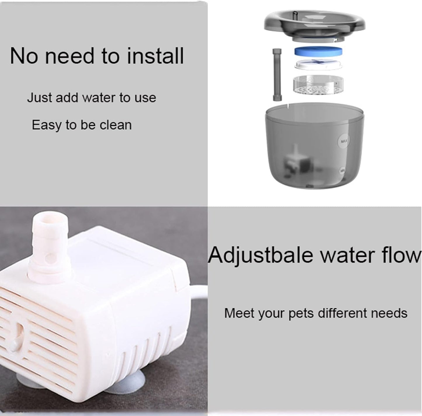 Cat Water Fountain 1.6L/54oz, Pet Water Fountain with Visible Water Level and Smart Pump, Super Quiet Automatic Cat Dog Water Bowl Dispenser with Filter for Dogs Cats,Gray