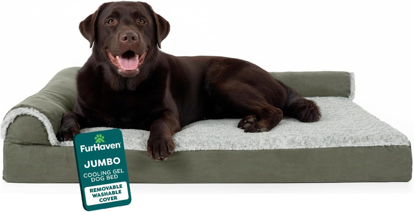 FurHaven Cooling Gel Dog Bed for Large Dogs, L-Shaped Chaise with Cool Gel-Top Foam with a Solid Orthopedic Foam Base for Joint Support, Washable Cover, Jumbo XL, Plush Faux Fur & Suede, Dark Sage