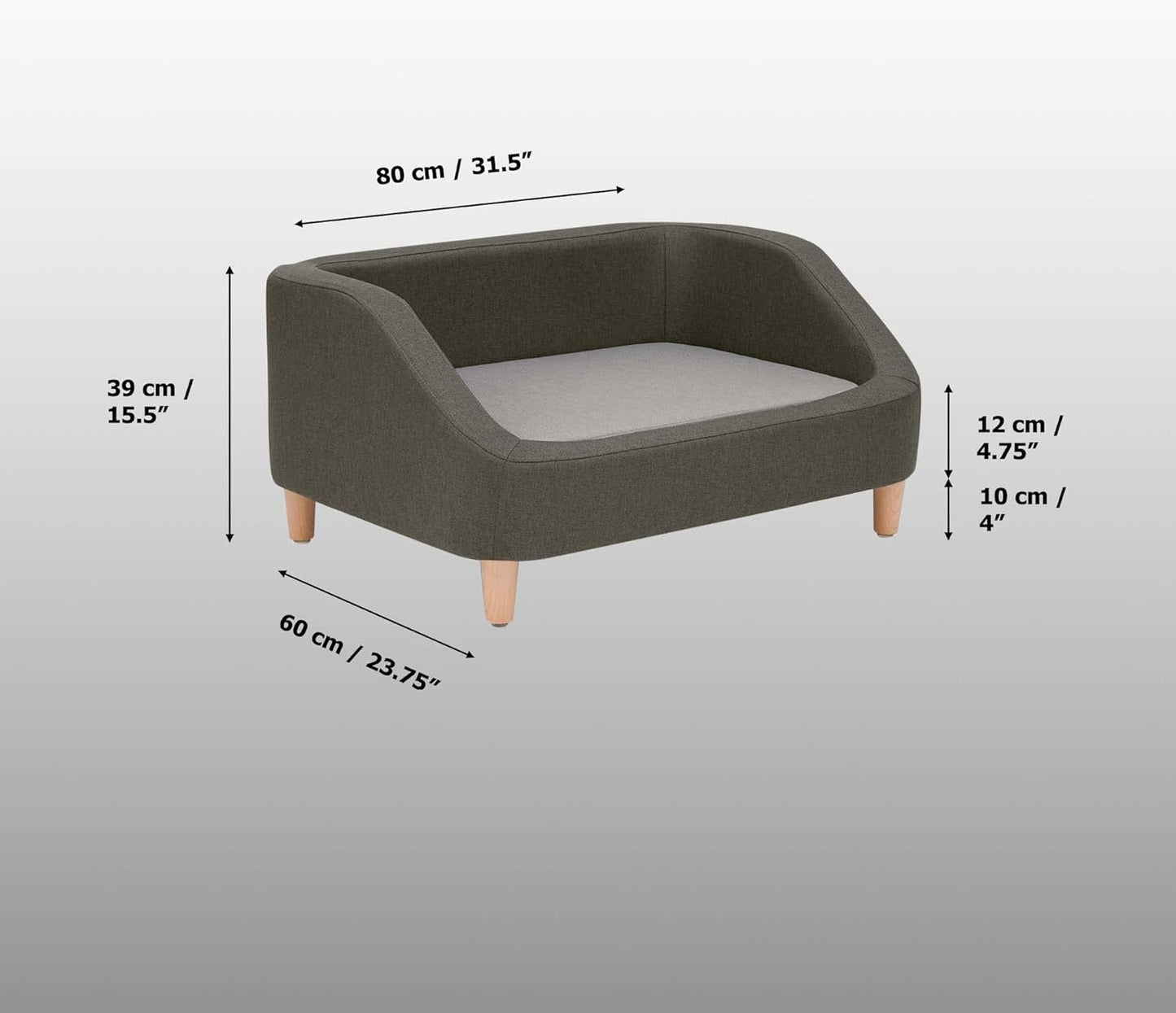 Teamson Pets Bennett 32 Inch Raised Heathered Linen Sofa Dog Daybed with Removable Cushion and Washable Cover for Cats & Small or Medium Dogs, Gray