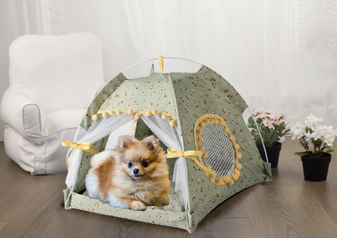 Cat Bed Tents Dog House Indoor Outdoor Lace Mesh Breathable Windows Door Curtains Removable Portable Nest Teepe House (Large,Green&Yellow)