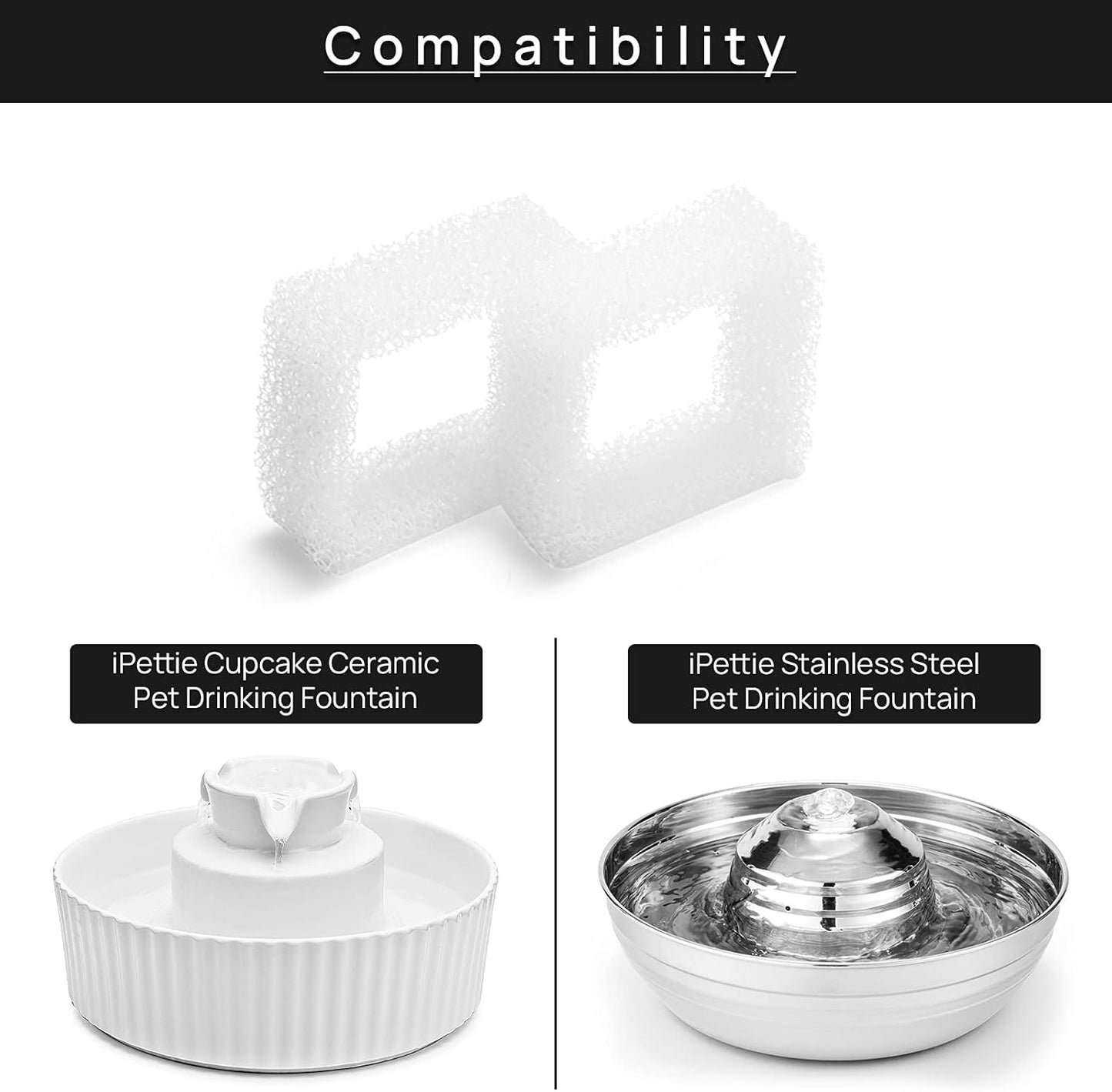 iPettie Replacement Filters for 360° Stainless Steel Pet Water Fountain or Cupcake Pet Drinking Fountain, Includes 8 Carbon Filters and 2 Foam Filters, IP-905