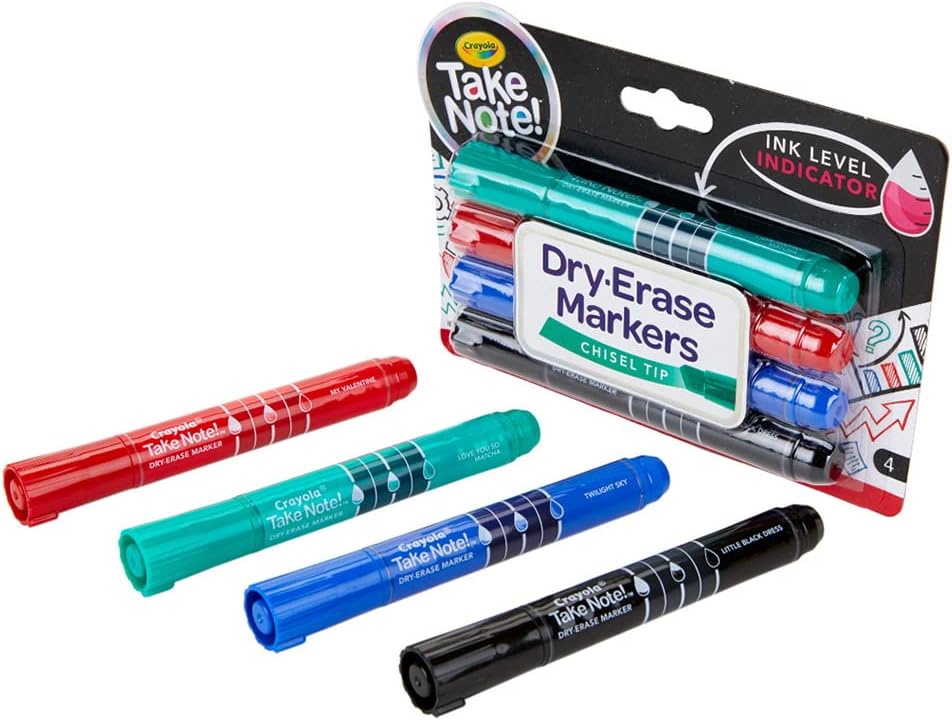 Crayola Take Note Chisel Tip Dry Erase Markers, Kids at Home Activities, Broad Line, Multicolor, 4 Count