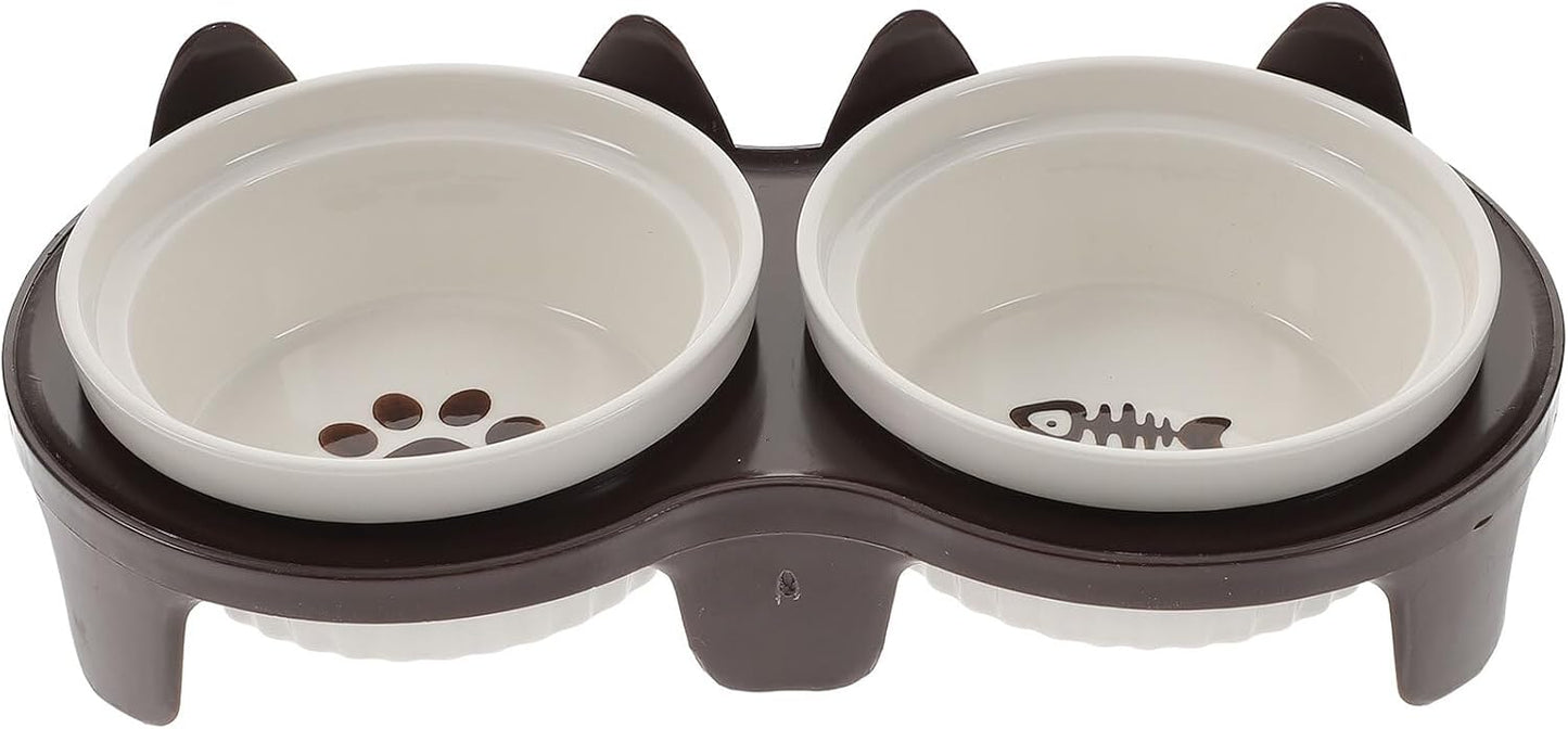 FAVOMOTO Elevated Ceramic Cat Food and Water Bowls with Stand, Neck Protection Footed Pet Feeding Bowl for Cats and Kittens, Brown Thickened Anti-Breaking Holder Suitable for Home Use
