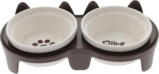 FAVOMOTO Elevated Ceramic Cat Food and Water Bowls with Stand, Neck Protection Footed Pet Feeding Bowl for Cats and Kittens, Brown Thickened Anti-Breaking Holder Suitable for Home Use