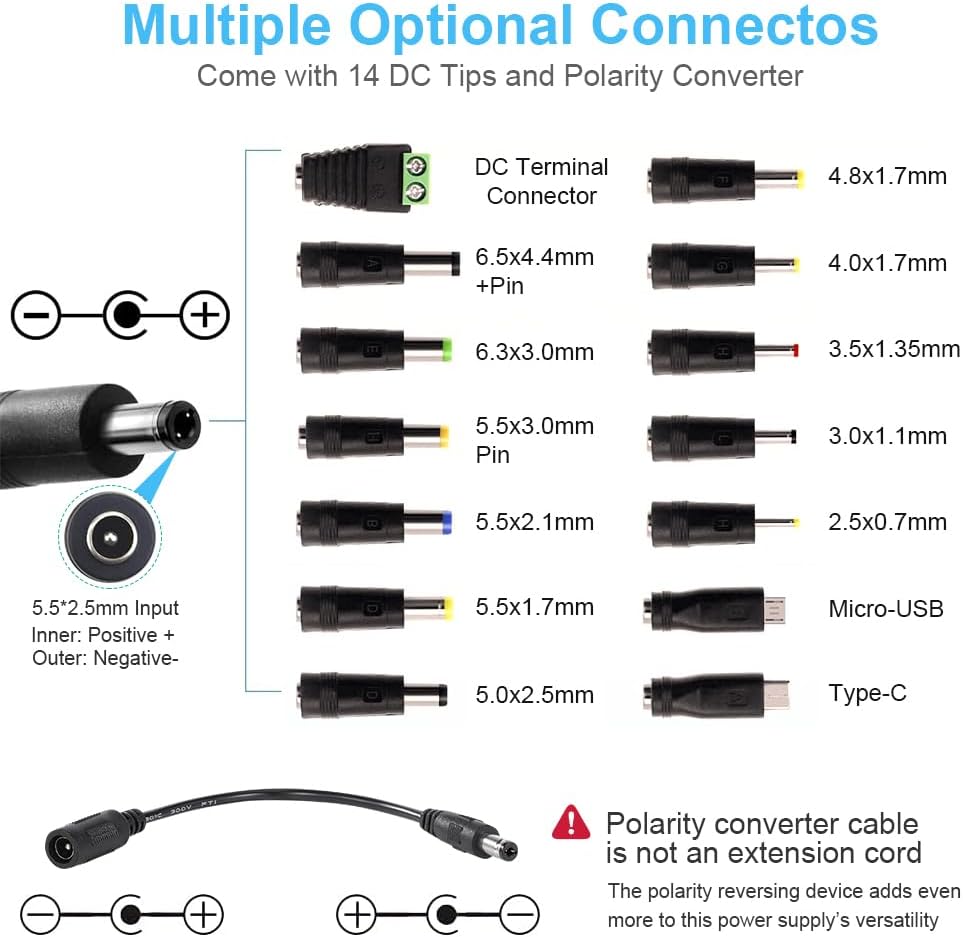Universal Power Supply 3V~24V 6A 144W Adjustable Variable 3V 5V 9V 12V 18V 20V 24V AC/DC Adapter Charger, 100V-240V AC to DC Converter with 14 Tips, Polarity Converter and 4-Way Power Splitter Cable