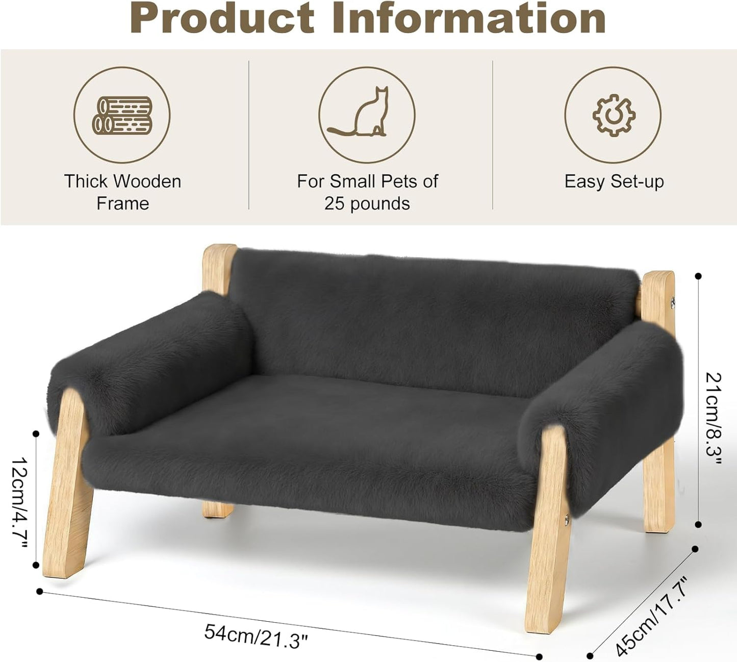 Elevated Cat Couch Bed for Indoor Cats - Wooden Pet Sofa with Removable Washable Thick Cover Raised Kitty Lounge Chair Suitable for Puppy or Small Animals(Cat Sofa Grey)