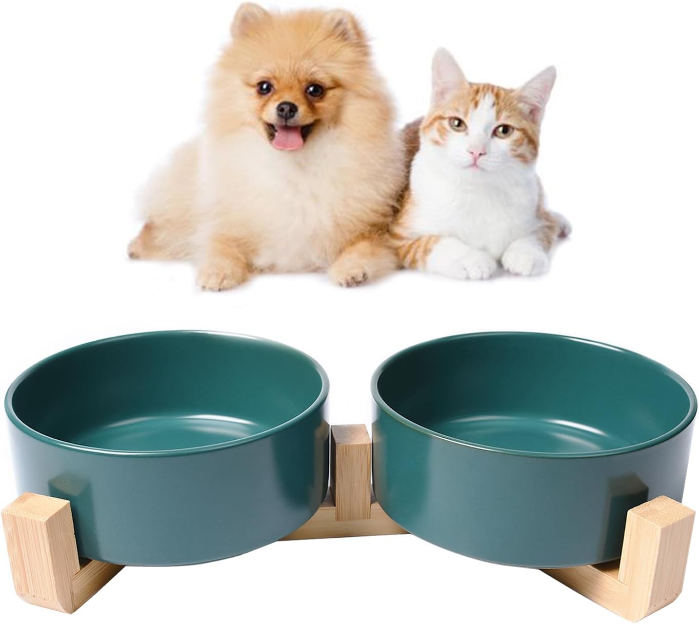 Elevated Ceramic Cat Bowl, Dog Bowl, 400 ml/13.5 oz Pet Food Bowls with Wood Stand Anti-Slip Design for Cat Dog