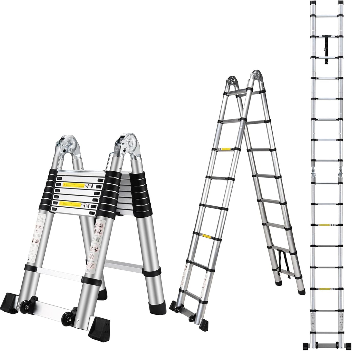 16.5 FT A Frame Telescoping Ladder, Adjustable Multi-Purpose Collapsible Extension w/Balance Bar & Wheels, Heavy Duty 330 lbs Max Capacity, Ideal for Home and Outdoor Work, Silver