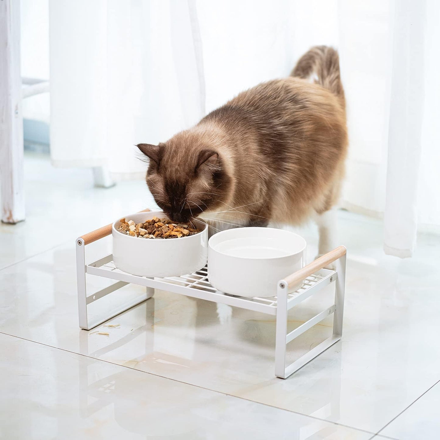 Upgraded Elevated Cat Bowls, Adjustable Raised Cat Dishes Stand with 2 Ceramic Bowls for Cats and Dogs, 20 oz Each
