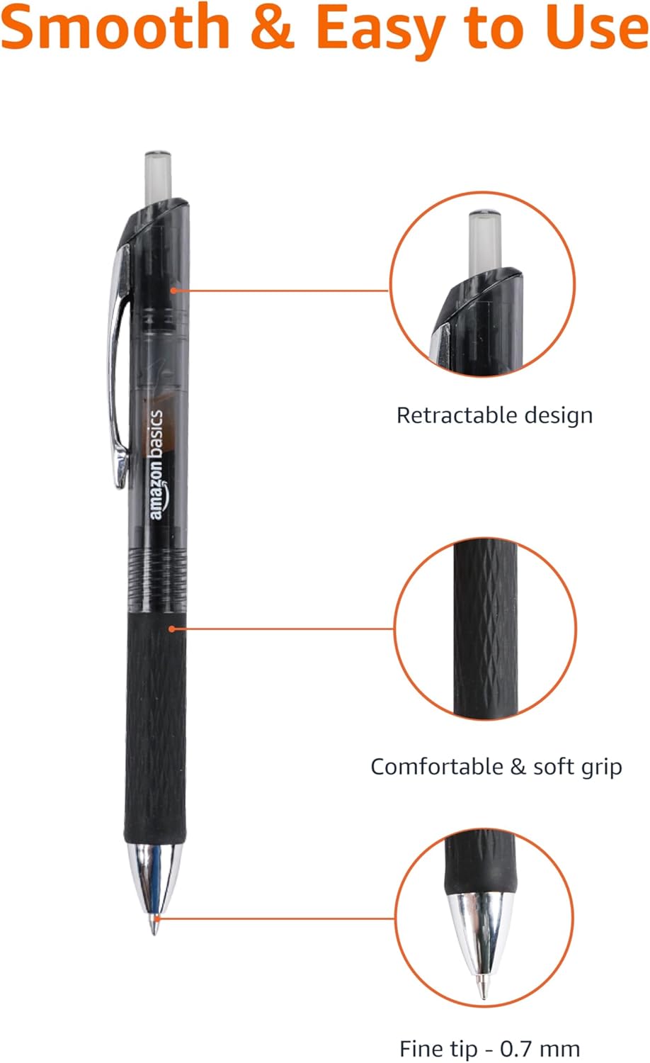 Amazon Basics Retractable Gel Pens, Fine Point 0.7mm, Smooth Writing, Black, No Smudge, School and Office Supplies, 12-Pack