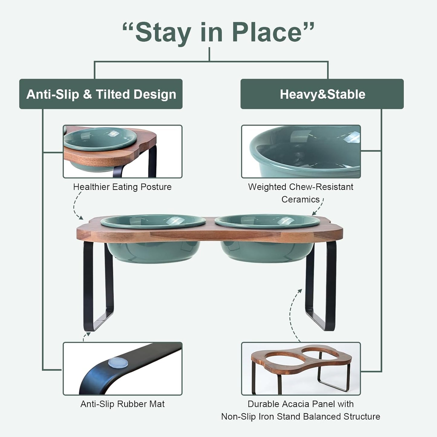SPUNKYJUNKY Ceramic Elevated Tilted Dog Bowls Bone-Shaped Raised with 2 Height Iron Stand, 6.9'' Dog and Cat Food Water Bowls Set Non-Slip for Small Medium Sized Breed - 20 OZ,Dark Green