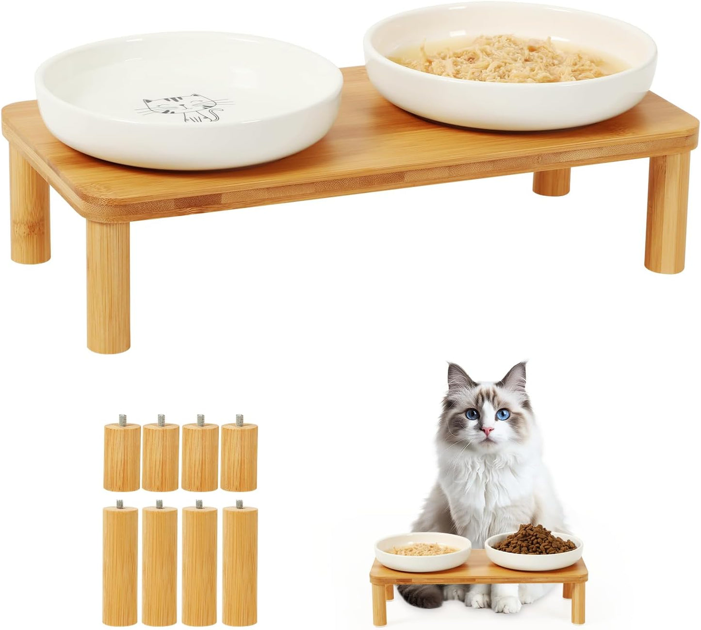 Elevated Cat Bowls for Indoor Cats – Raised Bamboo Cat Food Table with 2 Ceramic Dishes, Adjustable Height (4.25"/3.07"), Whisker Friendly Feeding Station