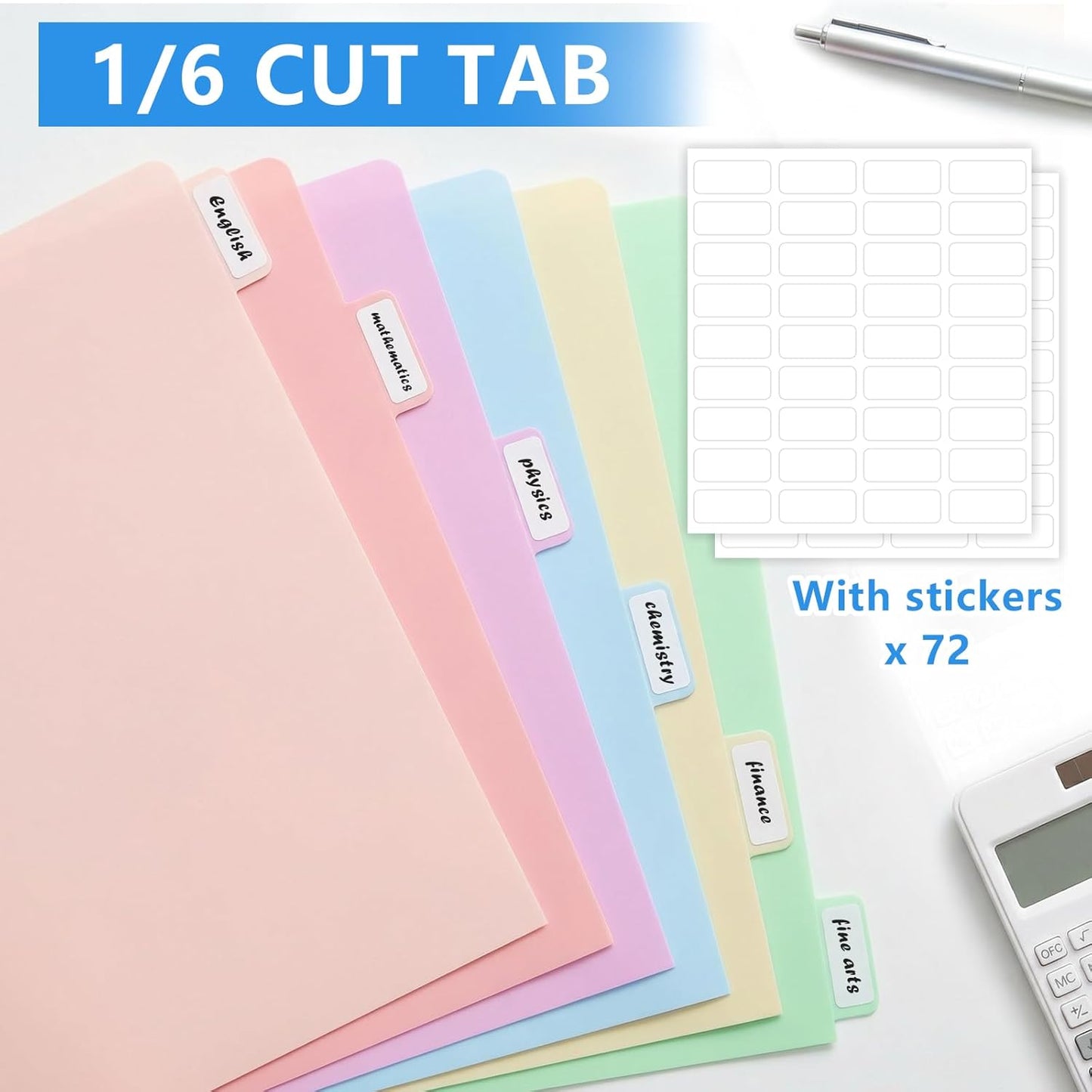 HOUYEE 12 Pack Plastic Folders with Pockets 3 Hole Punched, 2 Pockets File Folders for 3 Ring Binder, with 2 Business Card Slot, 1/6 Cut Tabs & Labels, for Letter Size, School Office Home Bussiness