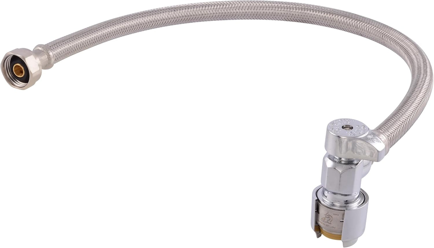 SharkBite Max 20 In. Stainless Steel Braided Faucet Connector with Angle Stop Valve, 1/2 Inch PTC x 1/2 Inch FIP, PEX Pipe, Copper, CPVC, PE-RT, HDPE, UR24657