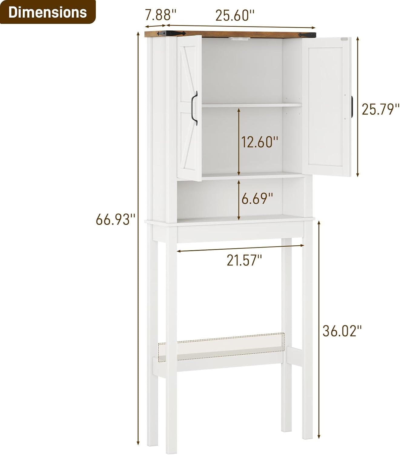 Over The Toilet Storage Cabinet, Farmhouse Over Toilet Bathroom Organizer with 2 Barn Doors, Narrow Above Toilet Storage Cabinet, Behind Toilet Bathroom Organizer (Rustic White)