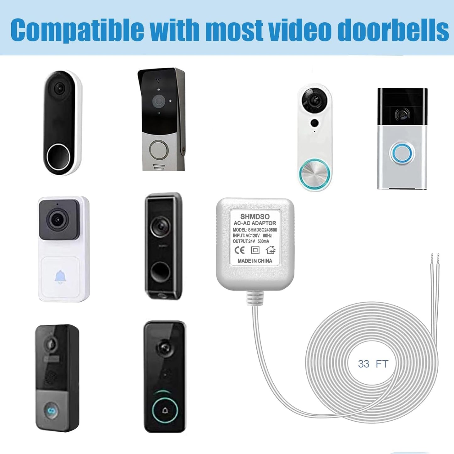 24V Doorbell Transformer，33 Feet Length Output Line 24V500mA Video Doorbell Power Adapter, Compatible with Arlo, Nest, Wyze, Eufy, Ring Doorbell Power Supply （White 33 feet）