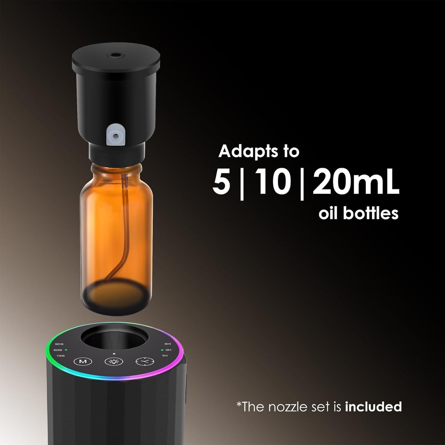 Waterless Essential Oil Diffuser, 7 Colors LED Light, Battery Powered Mini Scent Air Machine, Aromatherapy Mist Diffuser for Home Room Car Office，Black Aluminum Alloy