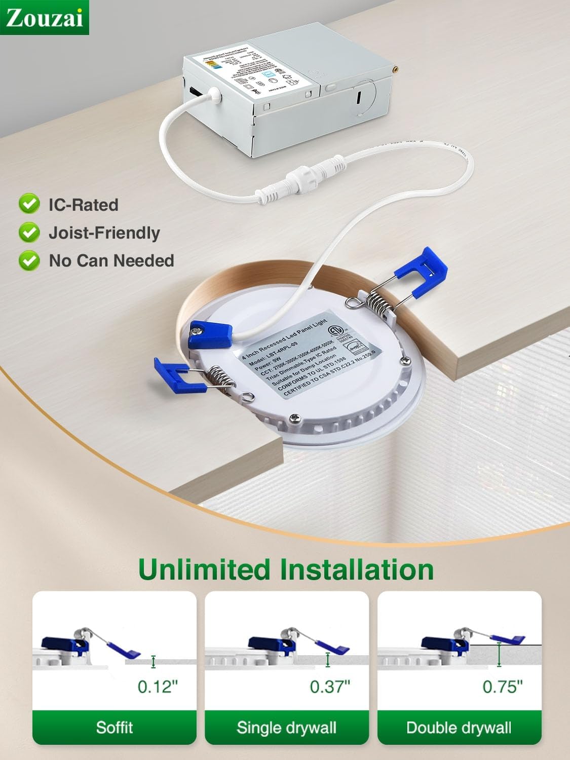 zouzai 20 Pack 6 Inch Ultra-Thin LED Recessed Ceiling Light with Junction Box 5CCT Adjustable Dimmable Can-Killer Downlight - ETL and Energy Star Certified