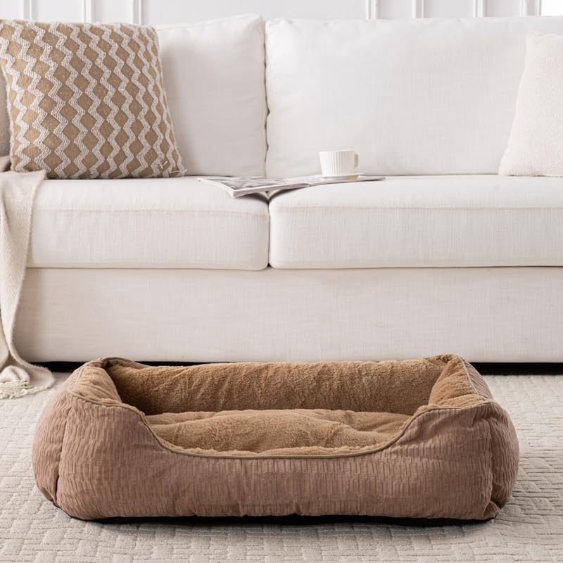 Happy Pets Luxury Orthopedic Pet Bed, F-Corduroy Foam, Brown or Light Gray Square Nest Bolster Design, Machine Washable Cover, for All Breeds (30" x 24" x 9", Brown Corduroy Square Nest)