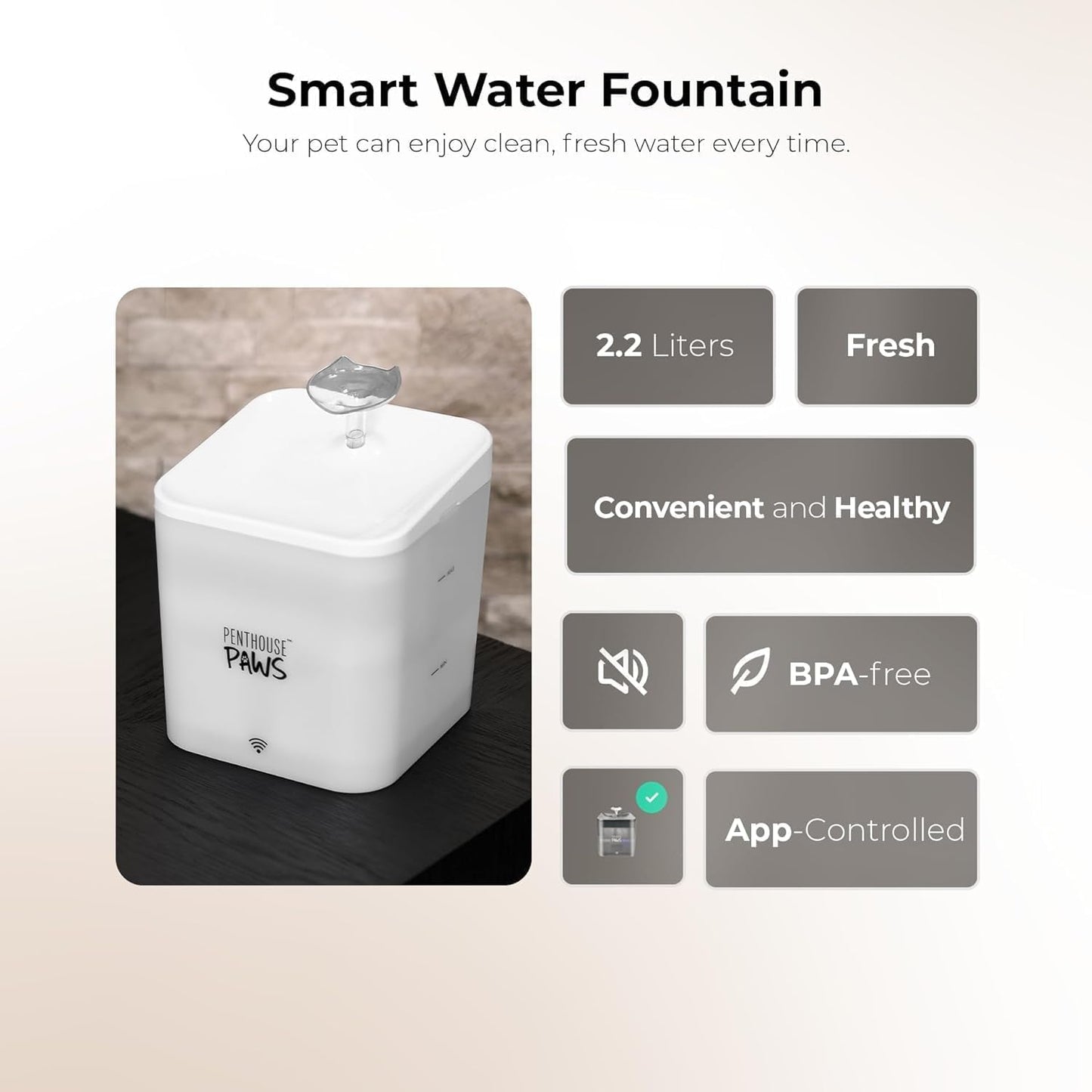 Penthouse Paws Smart Cat Water Fountain 2.2L, App Controlled Automatic Water Dispenser, Ultra Quiet Pump, 5-Stage Filter, Whisker Friendly Bowl, for Cat & Dog, White