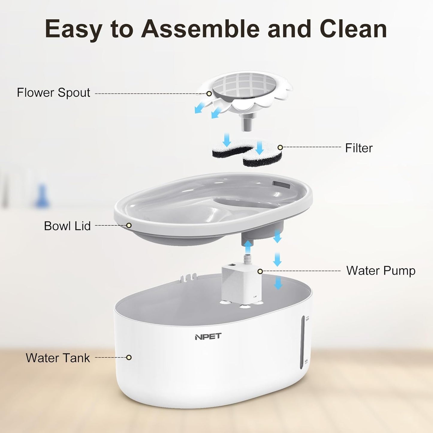 NPET Cat Water Fountain with Visible Water Level Window, White Grey 2L/67oz Automatic Pet Water Fountain with Quiet Pump, Dog Water Dispenser for Drinking (Regular)