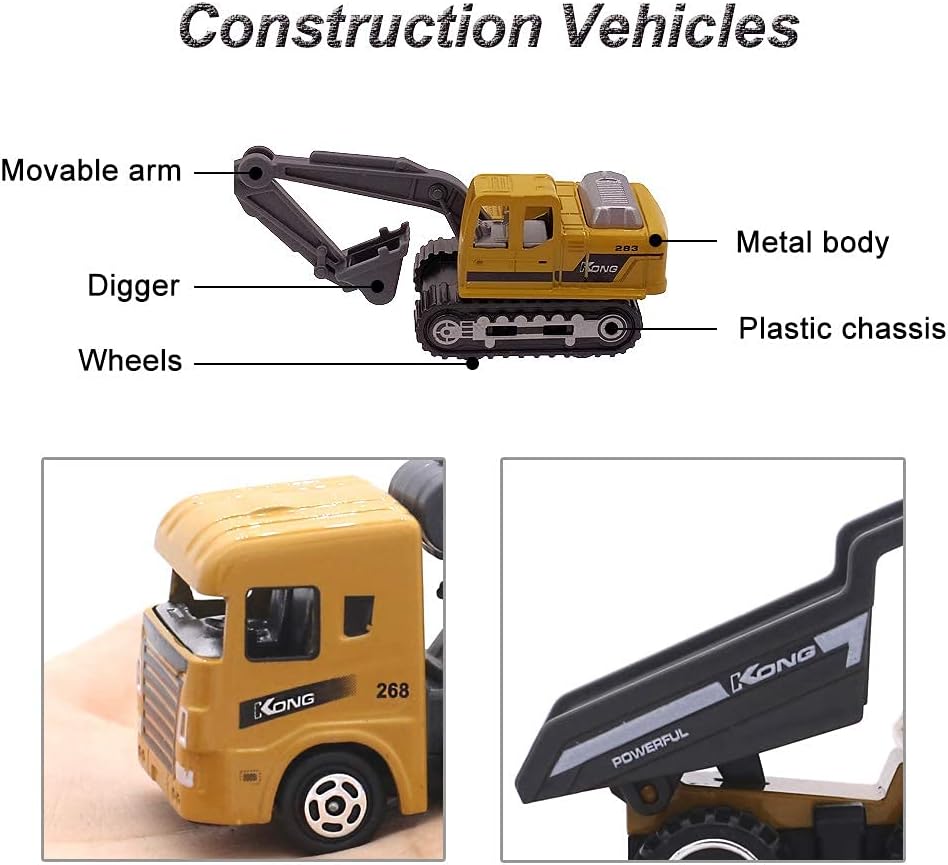 Kids Diecast Construction Vehicles Metal Engineering Cars Set Toys Play Trucks for Boys Age 3 4 Birthday Party Supplies Cake Topper (Pack of 6)