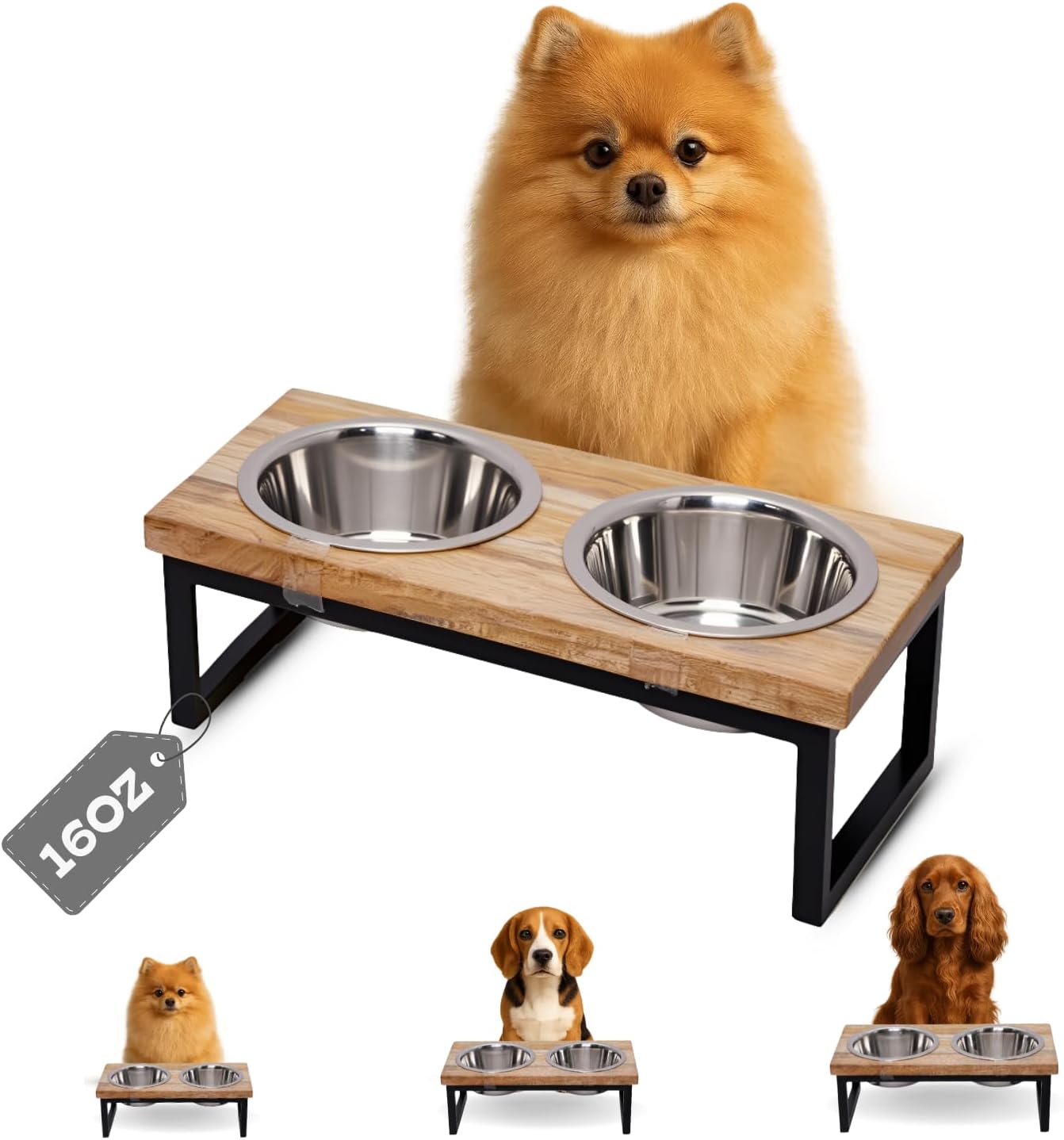 Elevated Dog Bowls, 4” Small Dogs & Cats Raised Bowl Mango Wood Stand, Food & Water 2 Stainless Steel Dishes Each 16oz/2Cup Capacity, Non-Slip Pet Feeder Station in Brown for Toy Breeds