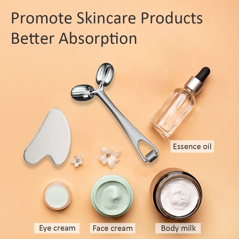 Yeamon Gua Sha Facial Tools and Face Roller Set, Facial Massage Tool for Women’s Skincare Routine,Cooling Stainless Steel Face Sculpting Eyes Roller Guasha for Daily Use or Self-Care Gift for Women