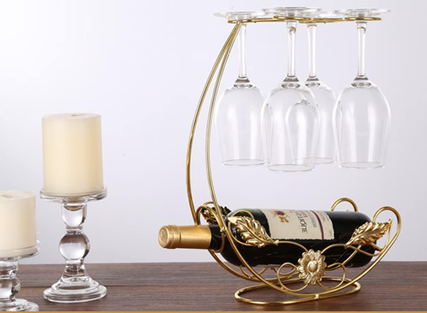 Homya Tabletop Wine Rack - Metal Fine Forged Wine Glass Display Holder, Holds 1 Bottle and 4 Glasses, Gold