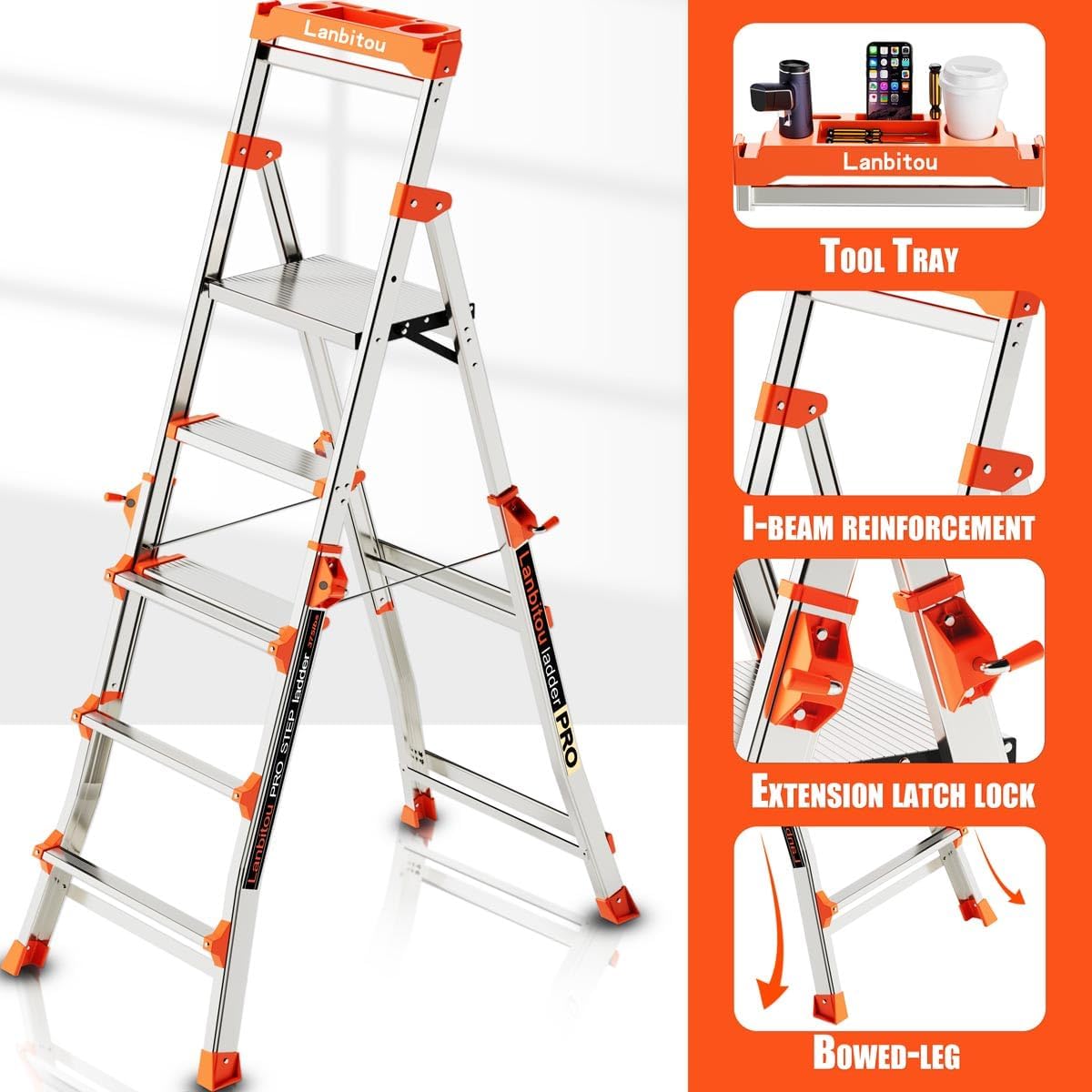 Ladder, Aluminum 5 Step Ladder with Handrails, Anti-Slip Wide Pedal, Tool Platform, Folding Step Stool Step Ladder for Stairs Home Outdoor Work, Lightweight-Portable, 330lbs-Capacity,