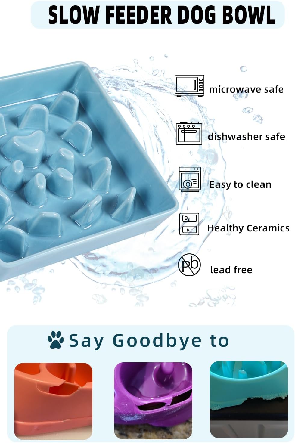 Square Slow Feeder Dog Bowls, Ceramic Fun Slow Eater Bowl for Small Medium Breed (Turquoise)