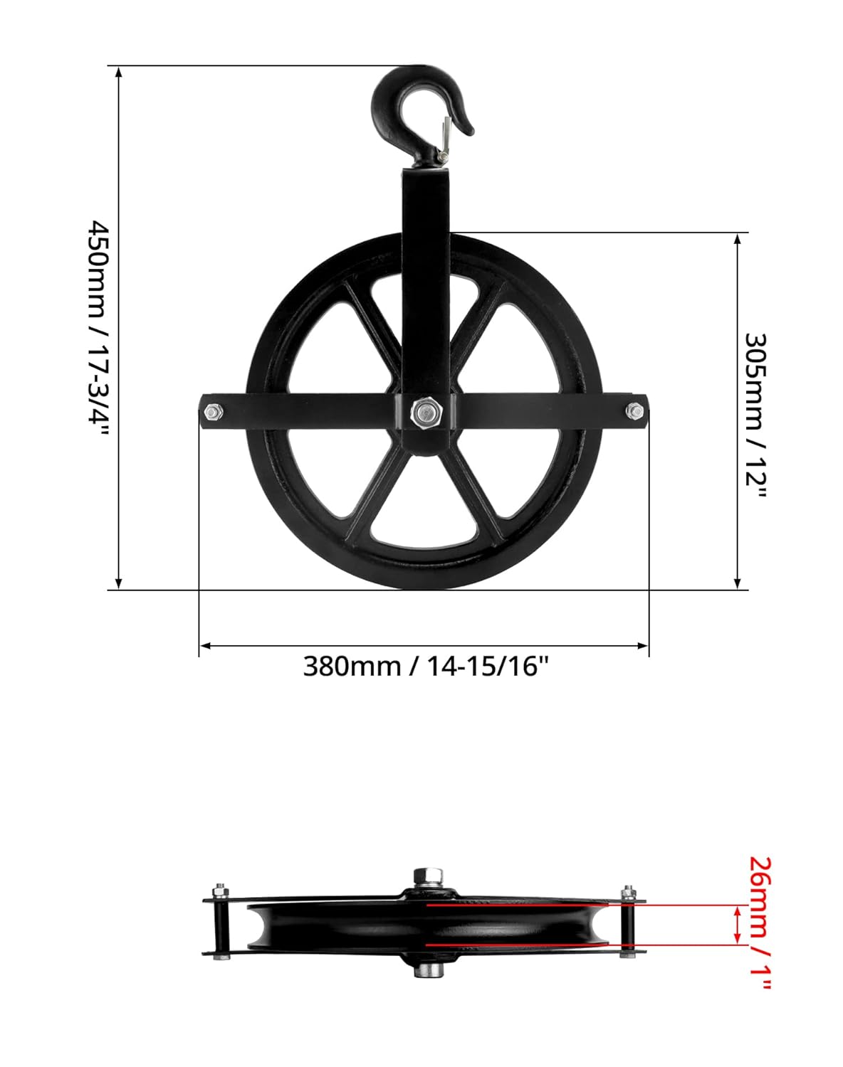 QWORK Scaffolding Wheels, 12" Aluminum Lifting Pulley, 1000 Lbs Ladder Hook Pulley Scaffold Hoist Pulley for Lifting with Rope