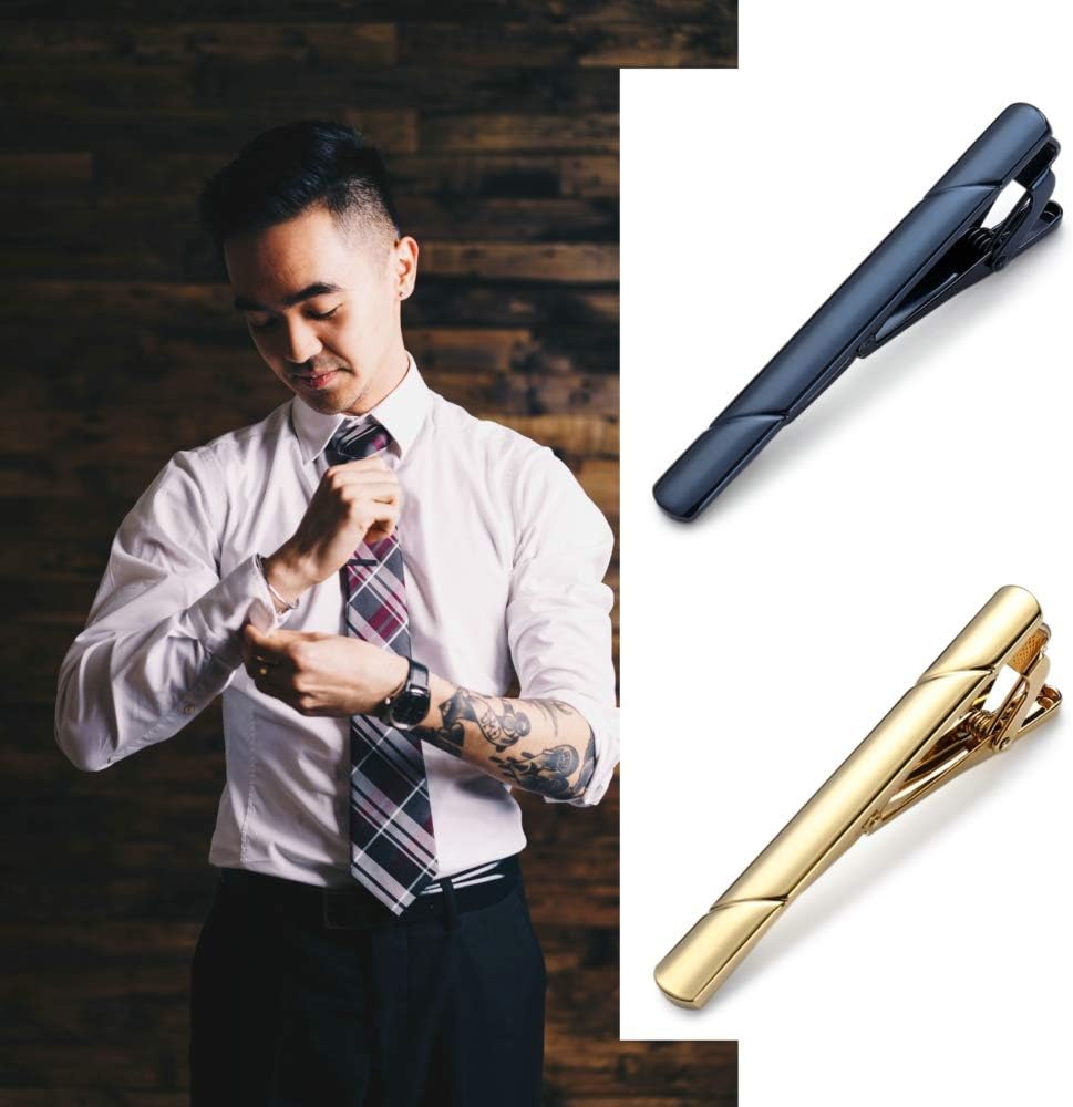 MOZETO Tie Clips for Men, Black Gold Blue Silver Tie Bar Set for Regular Ties, Luxury Box Gift Ideas