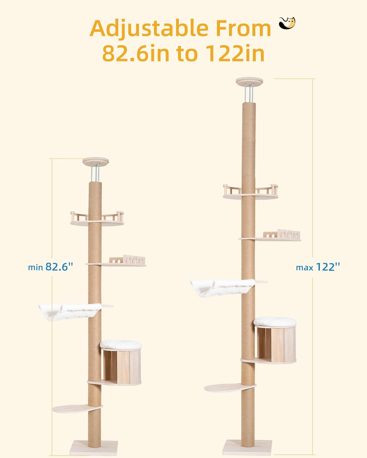 Tall Floor to Ceiling Cat Tree for Large Cats, Cat Tower with Scratching Post, Adjustable Height(82-122 in), Large Condo Cave Bed and Hammock for Indoor Cats, Cat Climbing Pole, Wood