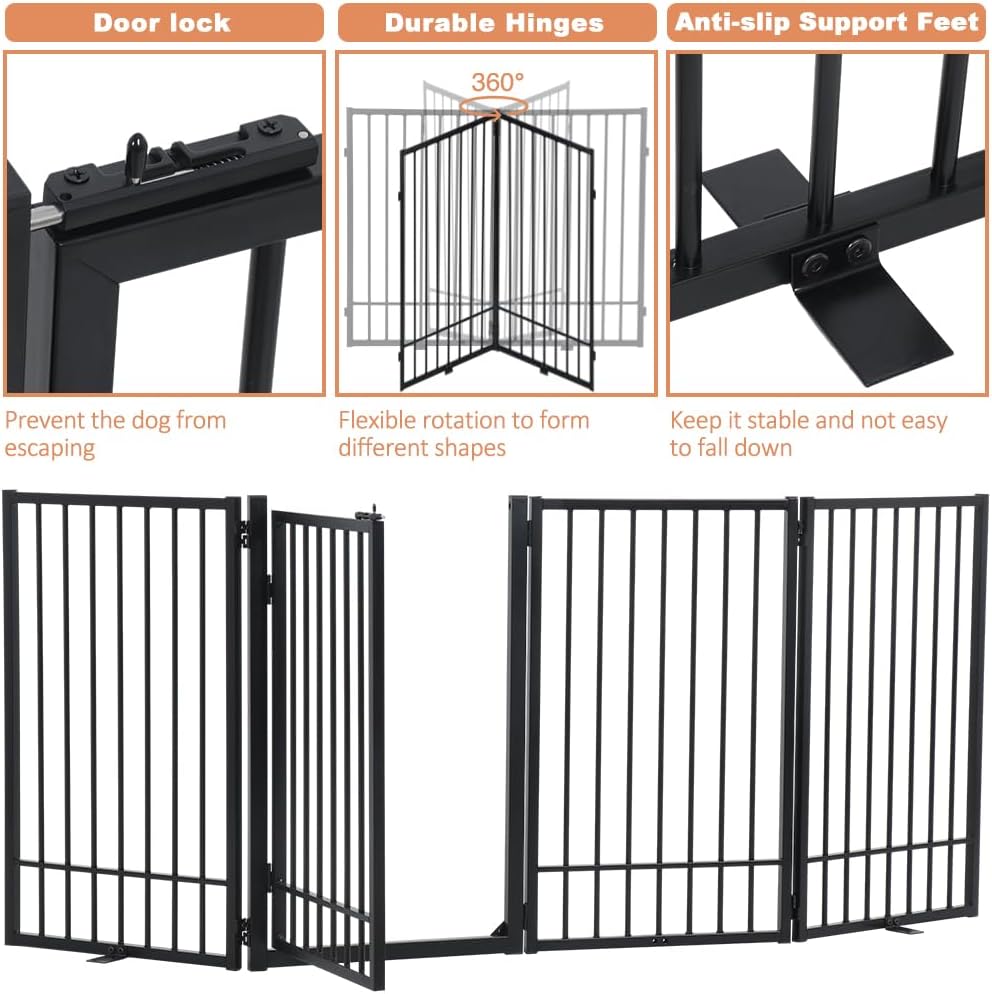 SMONTER Free Standing Dog Gate with Door Walk Through, 80.5'' Extra Wide Indoor Dog Fence, 31.5'' Height 4 Panels Foldable Metal Pet Puppy Gate for Stairs, Hallways, Doorway