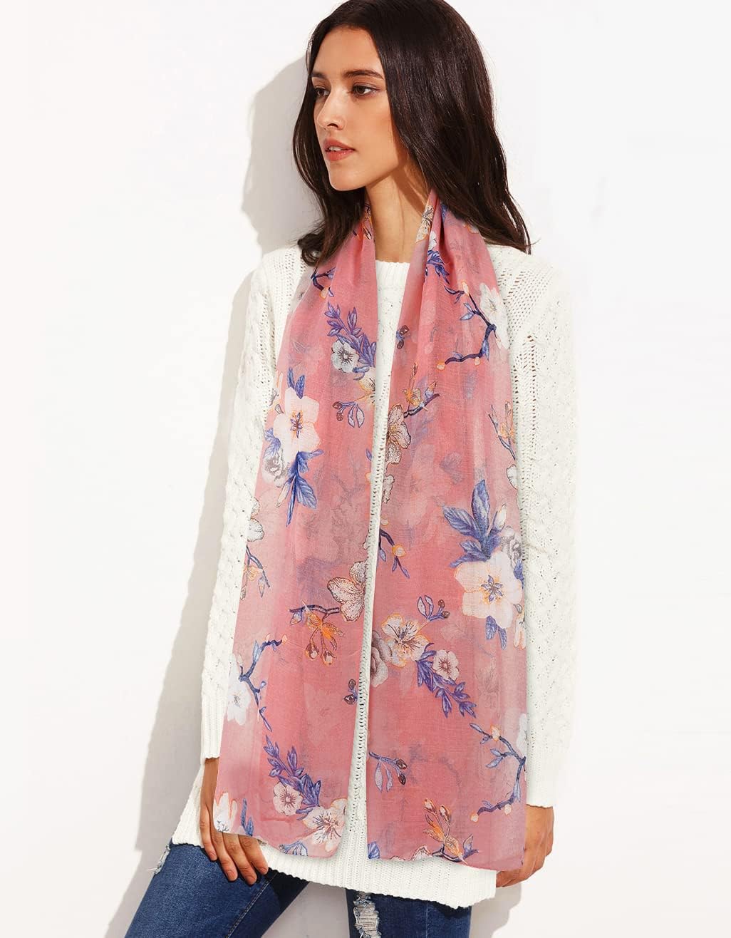GERINLY Lightweight Scarves Fashion Flowers Print Women Cotton Wrap Scarf Head Shawl Spring Gift